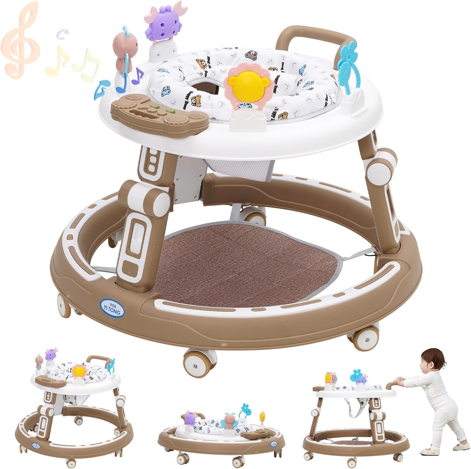 Baby Lauflernhilfe 5in1 mit Musikspielzeug, Fußstütze, 360-Grad-Stummschaltung, 6 Räder, 360° Rotating Seat Baby Lauflernhilfen, zur Faltbar, für Babys ab 6 Monaten Geeignet,Braun
