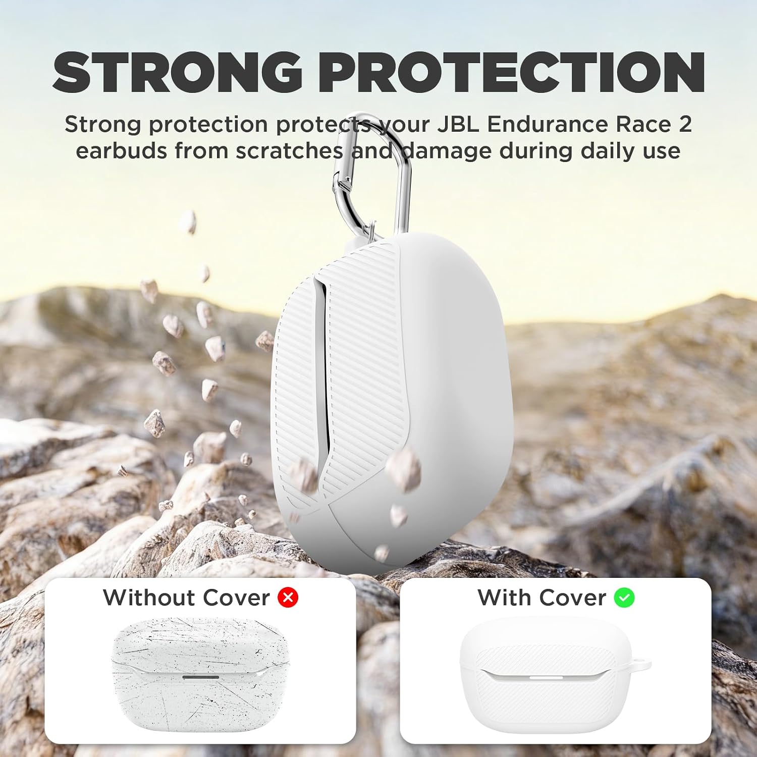 Soft Silicone for JBL Endurance Race 2 Case Cover with Carabiner&Cleaning Pen Kit,Anti-Slip Anti-Scratch Protective Cover Compatible with JBL Endurance Race 2 Charging Case (White) image 4