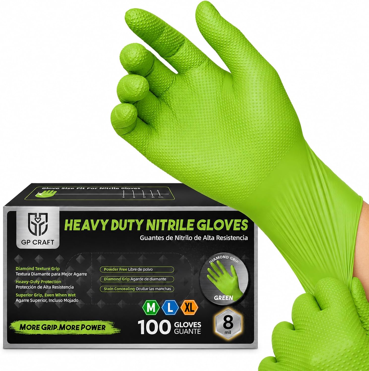 8 Mil Green Nitrile Gloves, Disposable Gloves, 100 Count | Diamond Grip, High Visibility Green, Latex & Powder Free, Automotive, Construction, Cleaning, Industrial Work