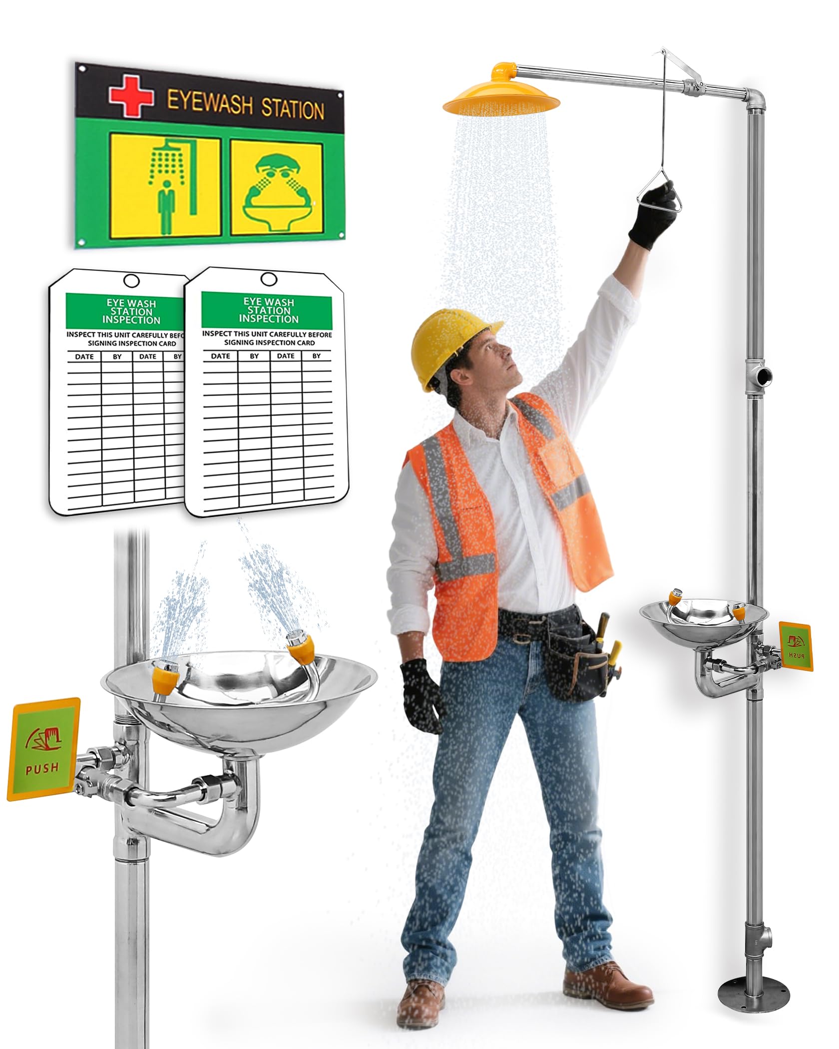 Ezcasch Emergency Eye Wash Station with Shower Stainless Steel Eyewash and Shower Kit Integrated Eyewash and Shower System Multi-Functional Eyewash