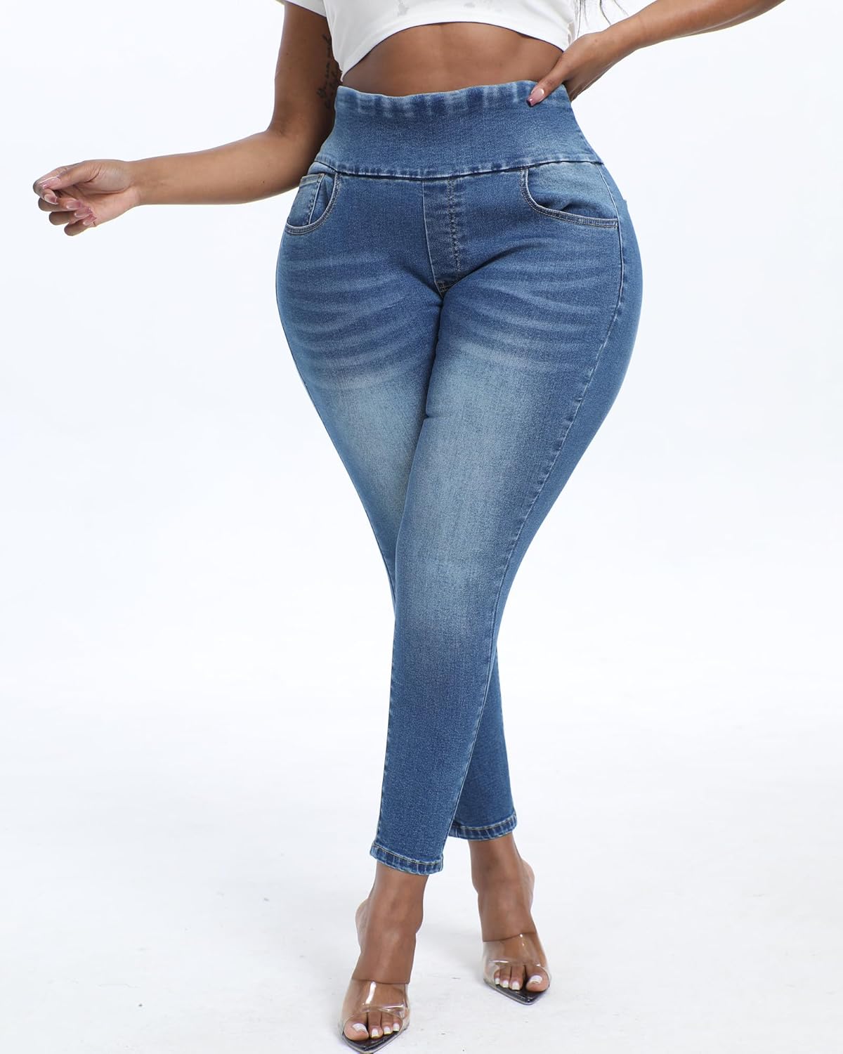 Women Plus Size Pull On Jeans Stretchy Skinny Leg High Waisted Ripped Ankle Jean - Image 5