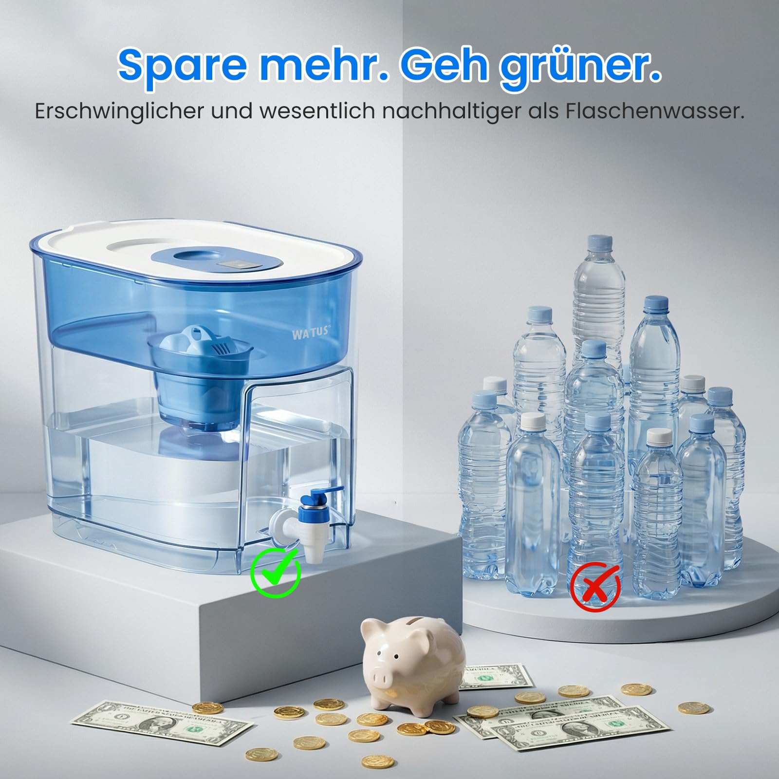 Wasserfilter Spender 9L, XXL Wasserspender mit Filter für Kühlschrank & Arbeitsplatte, Wasserfilterkanne mit Zapfhahn, inkl. 1 Filterkartusche, Filtert Verunreinigungen, Filterwechselanzeige