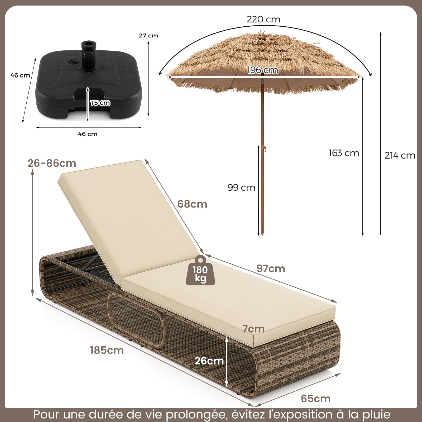 COSTWAY Conjunto de Tumbona Ratán Exterior con Cojín, Sombrilla de Paja de 2,2m con Base Recargable, Tumbona Reclinable en 7 Posiciones Jardín, Terraza o Piscina (Juego marrón)