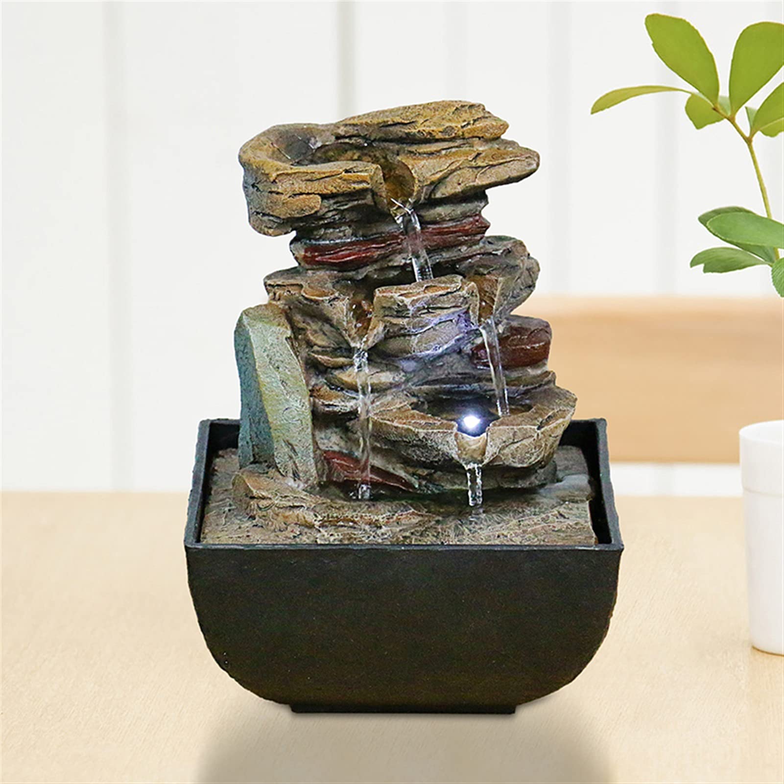 Fuente de cascada de mesa Fuente de mesa con luces LED - Característica de cascada interior de cataratas de roca de 3 pasos - Sonido de agua calmante y relajante Decoración del hogar Fuente de medita