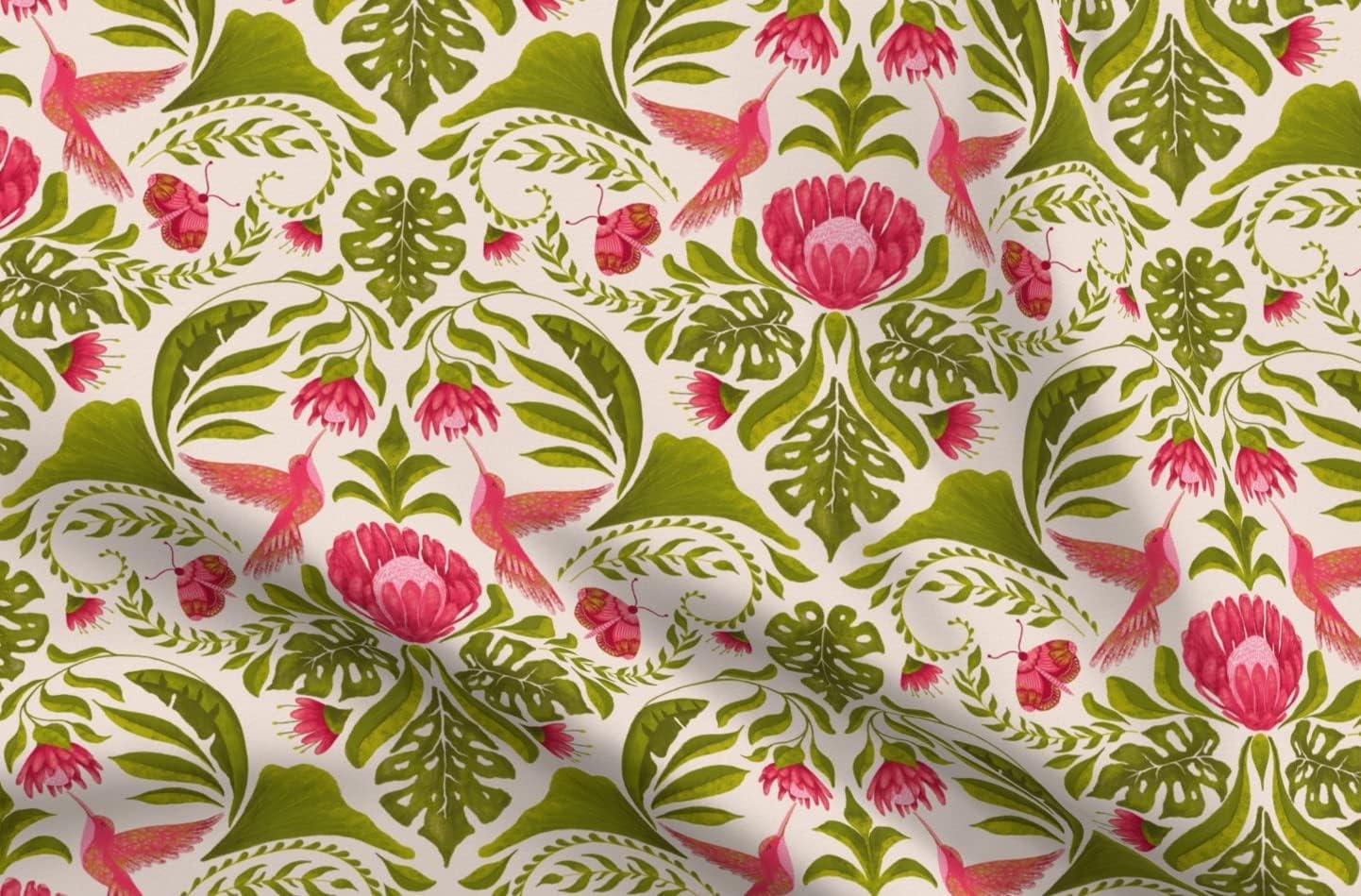 Spoonflower Fabric - Hummingbird Damask Regular Scale Bird Flower Vintage Victorian Printed on Upholstery Velvet Fabric Fat Quarter - Upholstery Home Decor Bottomweight Apparel