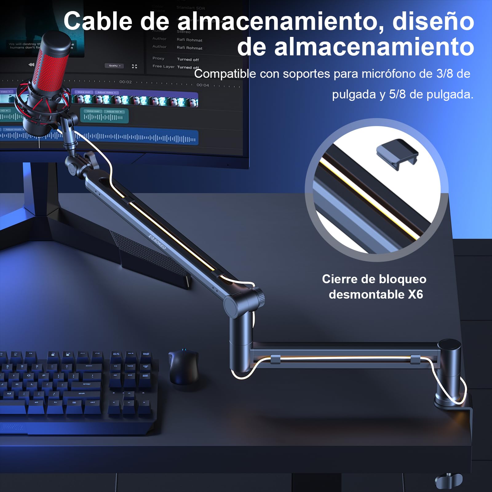 Aokeo AK-58 - Brazo de micrófono ajustable de perfil bajo, adecuado para Blue Yeti, Snowball iCE, HyperX QuadCast, SoloCast, Elgato Wave, etc