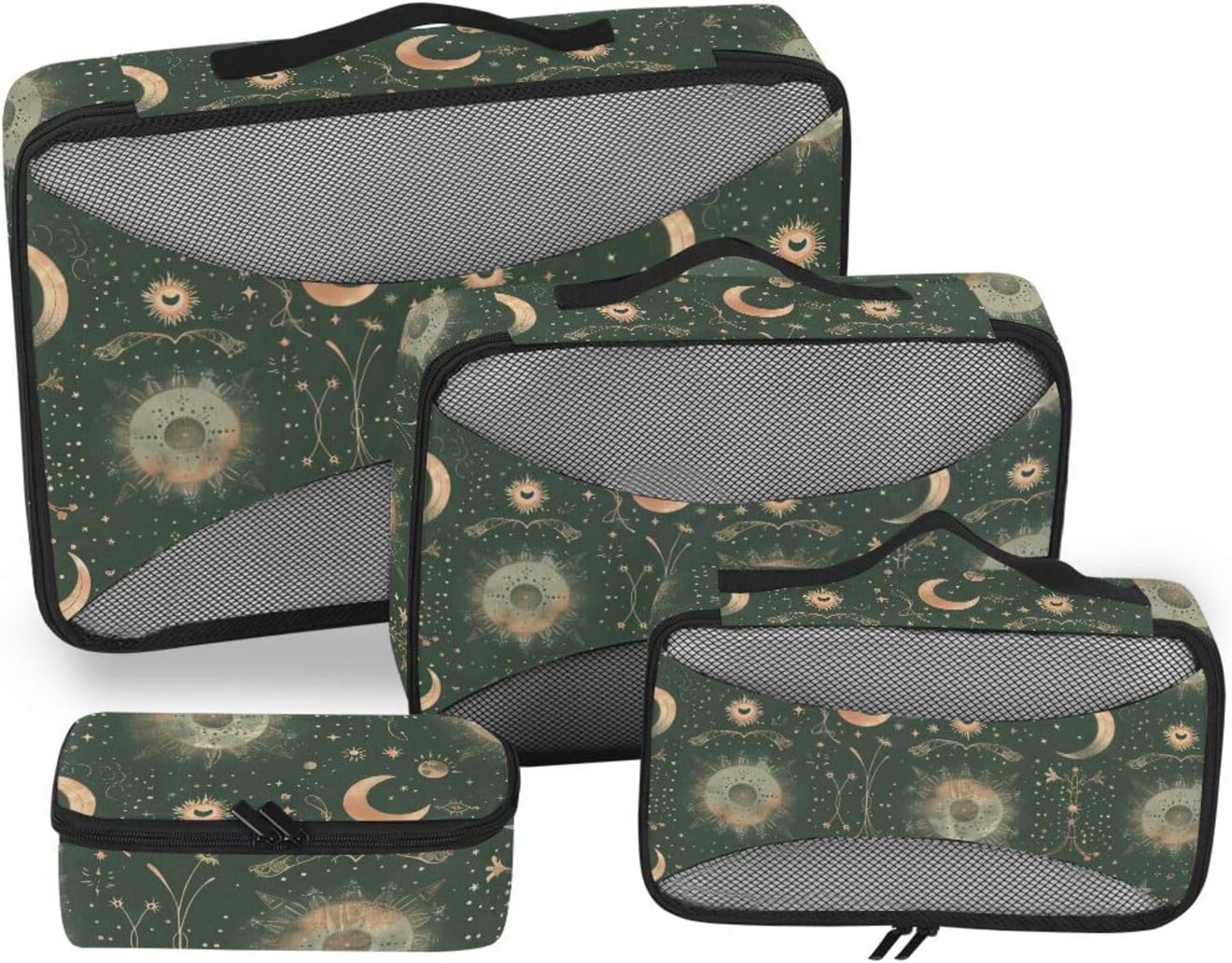 A Celestial Pattern with Moons Stars and Galaxies 4 Pcs set organizer for luggage Mesh Travel Essentials portable packing cubes
