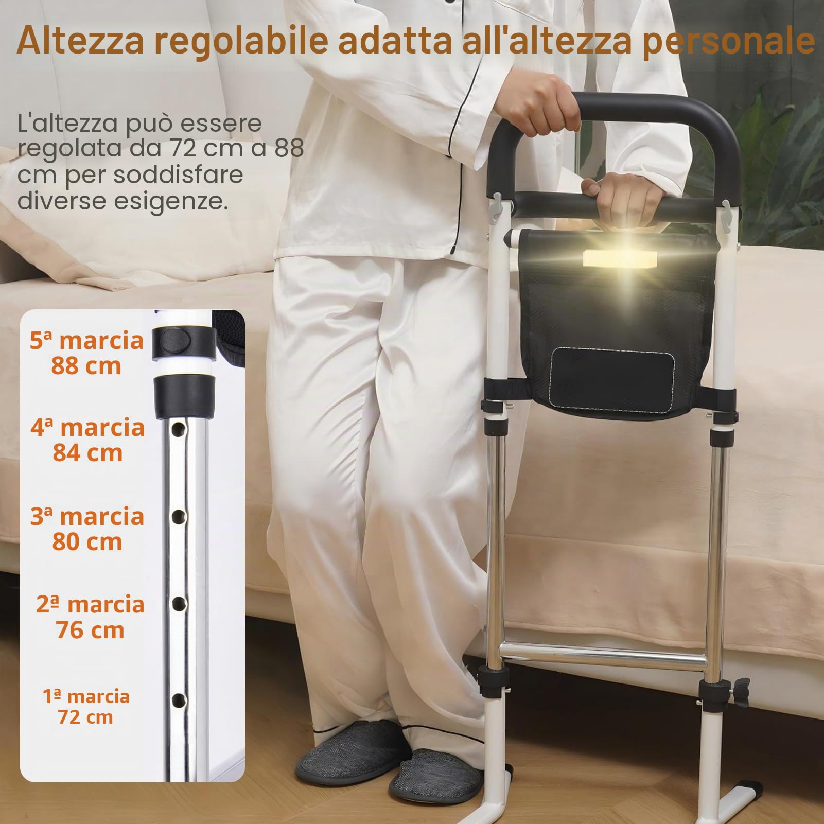 Ausili per Alzarsi dal Letto per Anziani, Altezza Regolabile su 5 Livelli, Supporto per Alzarsi da Letto/Divano/WC, con Tasca e Luce Sensoriale, Portata Massima 150 kg