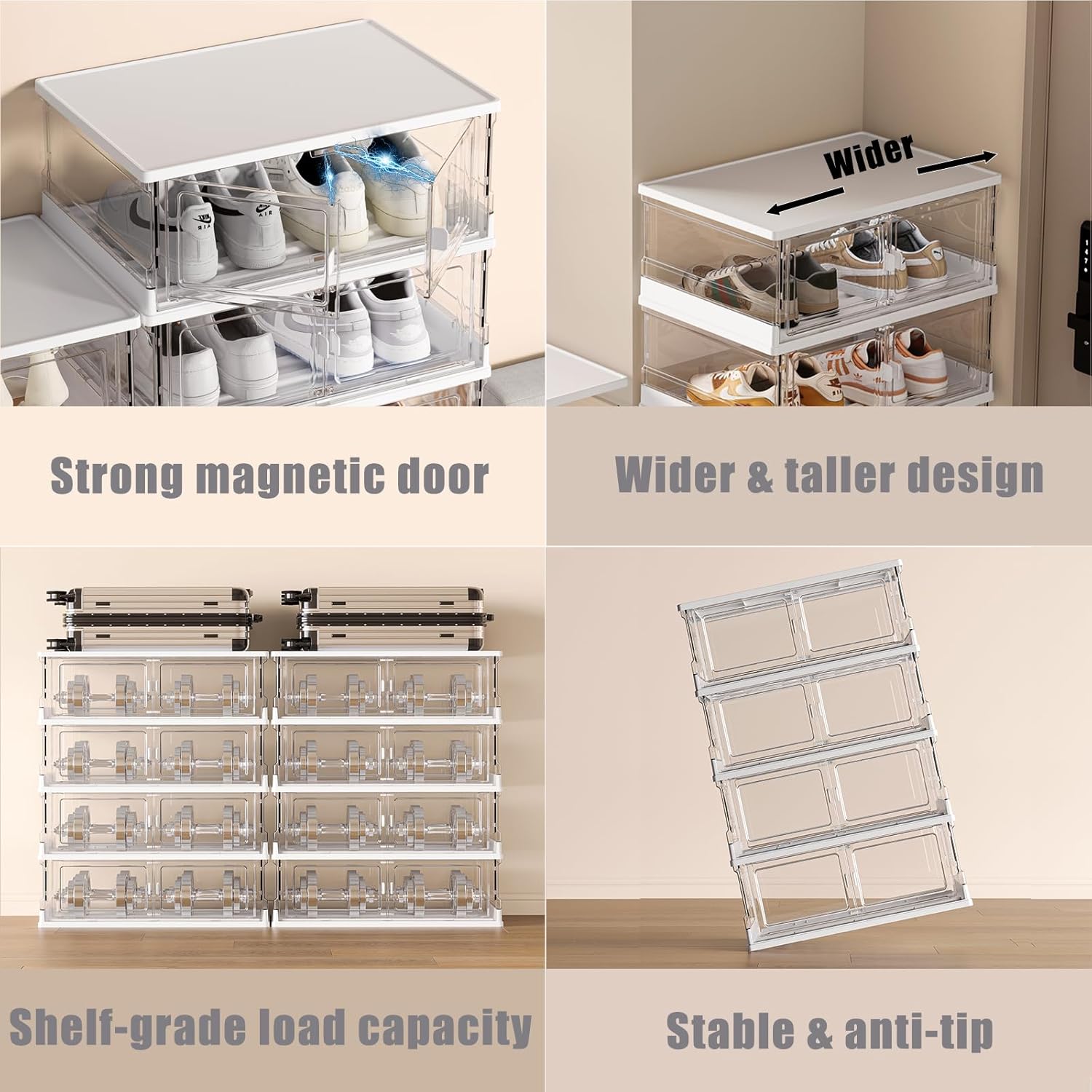 3-Pack Premium Amber Clear PET Shoe Boxes, XL Foldable Sneaker Display & Storage Organizer, Magnetic Door, Double Capacity Fits 2 Pairs Up to Men’s US Size 14, Stackable for Closet Bedroom Entryway