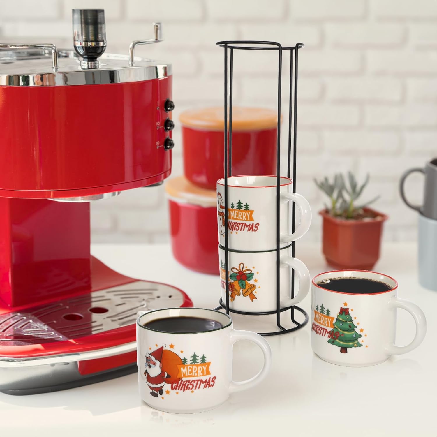 Coloch Set of 4 Christmas Mugs with Metal Rack, 15 oz Ceramic Coffee Mug Stackable Christmas Theme Milk Mugs for Coffee, Tea, Milk, Cold&Hot Drinks, Gift, Microwave&Dishwasher Safe