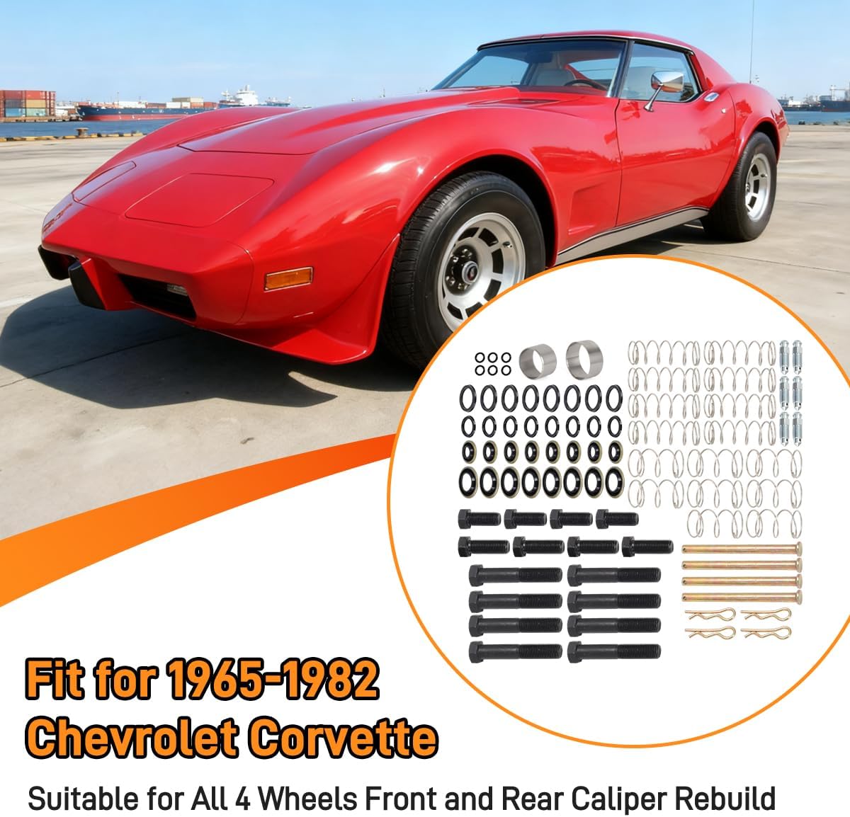 Complete Brake Caliper Rebuild Kit with Installation Tool & Hardware for 1965-1982 Chevrolet Corvette, Includes Boots, Lip Seals, Half O-Rings, Springs, Pins, Bleeder Screws & Bolts
