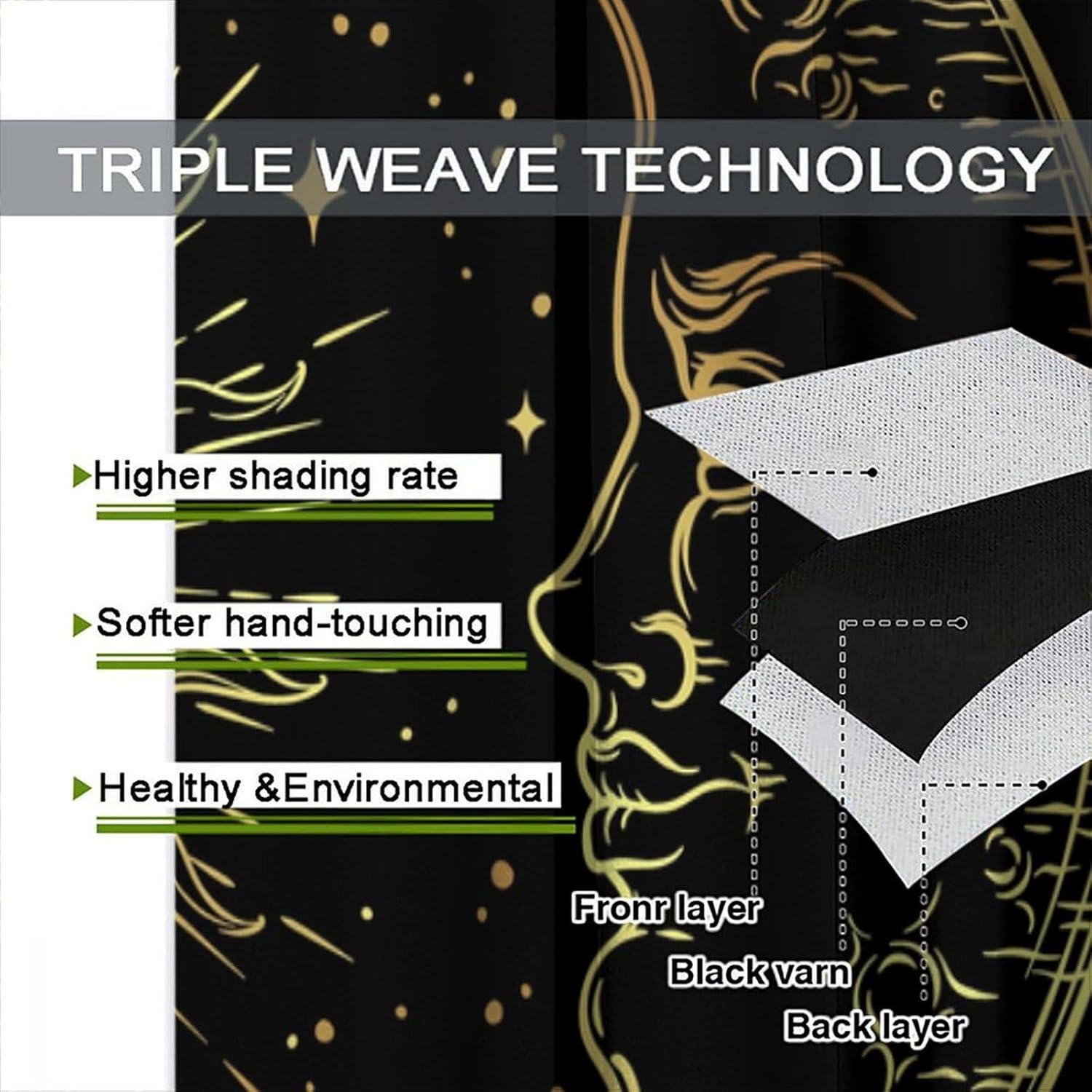 Boho Moon Curtain, Golden Moon Sun Stars Black Background Blackout Window Treatments, Rod Pocket Thermal Insulated Drapes 2 Panel Sets for Bedroom Living Room, 42" W X 63" L