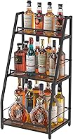 Hayexiha 3-Tier Vintage Brown Liquor Stand - Safe Freestanding Wine Rack for Home Bar, Whiskey Display with Fences for Kids & Pets