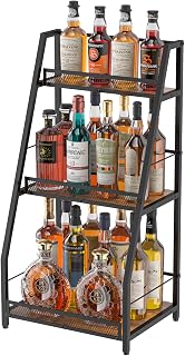 Hayexiha 3-Tier Vintage Brown Liquor Stand - Safe Freestanding Wine Rack for Home Bar, Whiskey Display with Fences for Kids & Pets