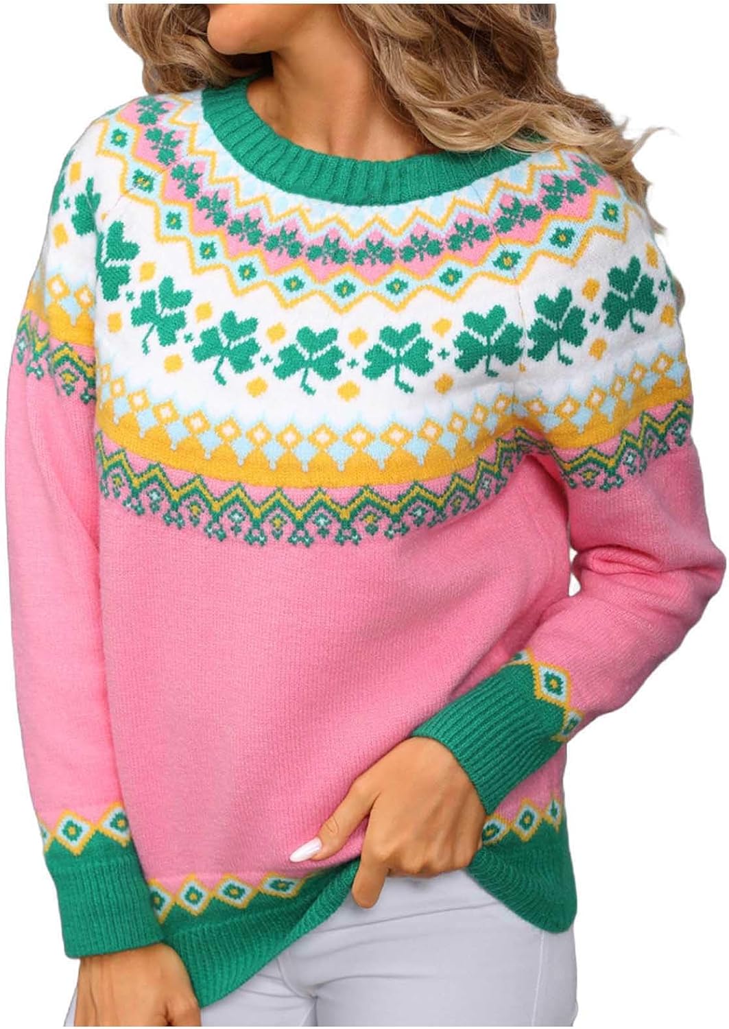 Womens Fair Isle Sweaters Vintage Argyle Iceland Norway Sweater Heart Crew Neck Long Sleeve Pullover Jumper Tops