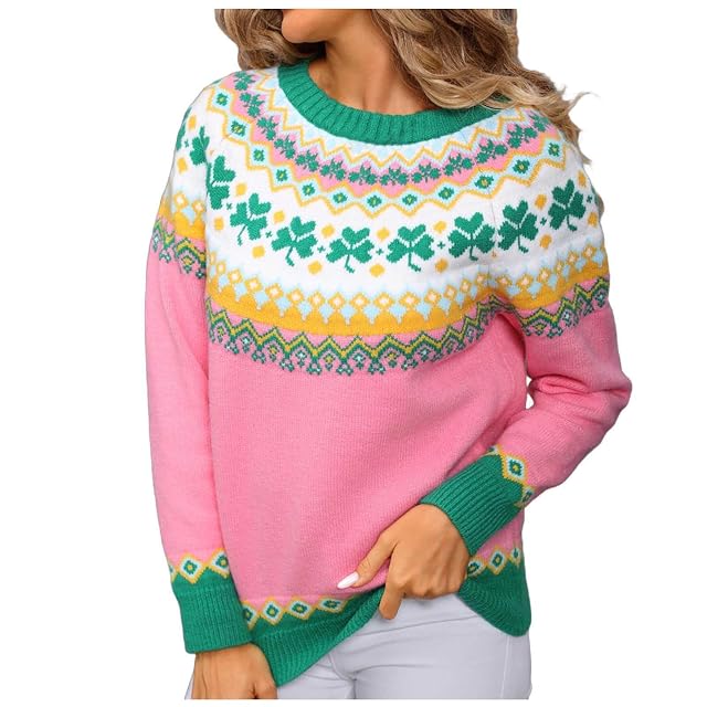 Womens Fair Isle Sweaters Vintage Argyle Iceland Norway Sweater Heart Crew Neck Long Sleeve Pullover Jumper Tops