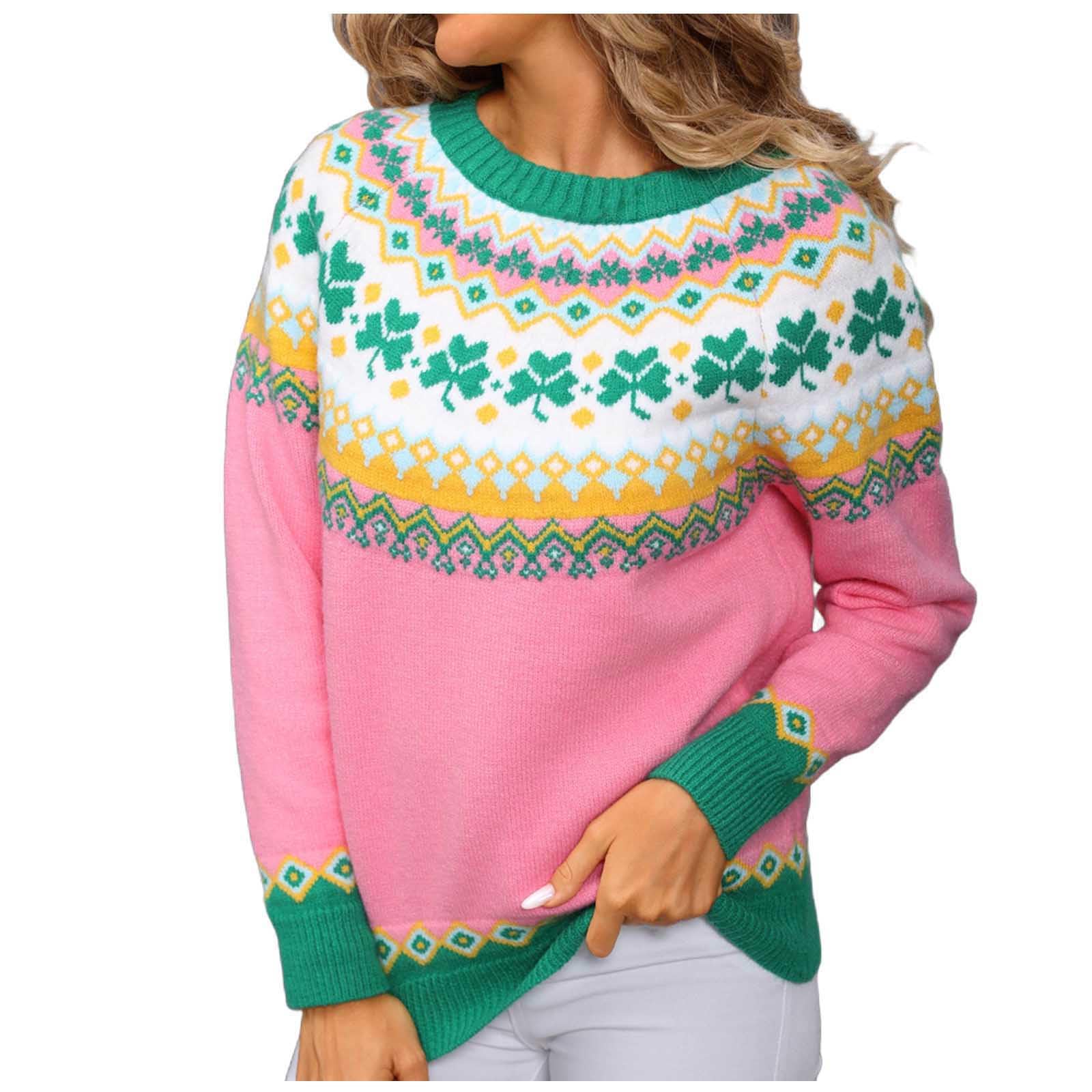 Womens Fair Isle Sweaters Vintage Argyle Iceland Norway Sweater Heart Crew Neck Long Sleeve Pullover Jumper Tops