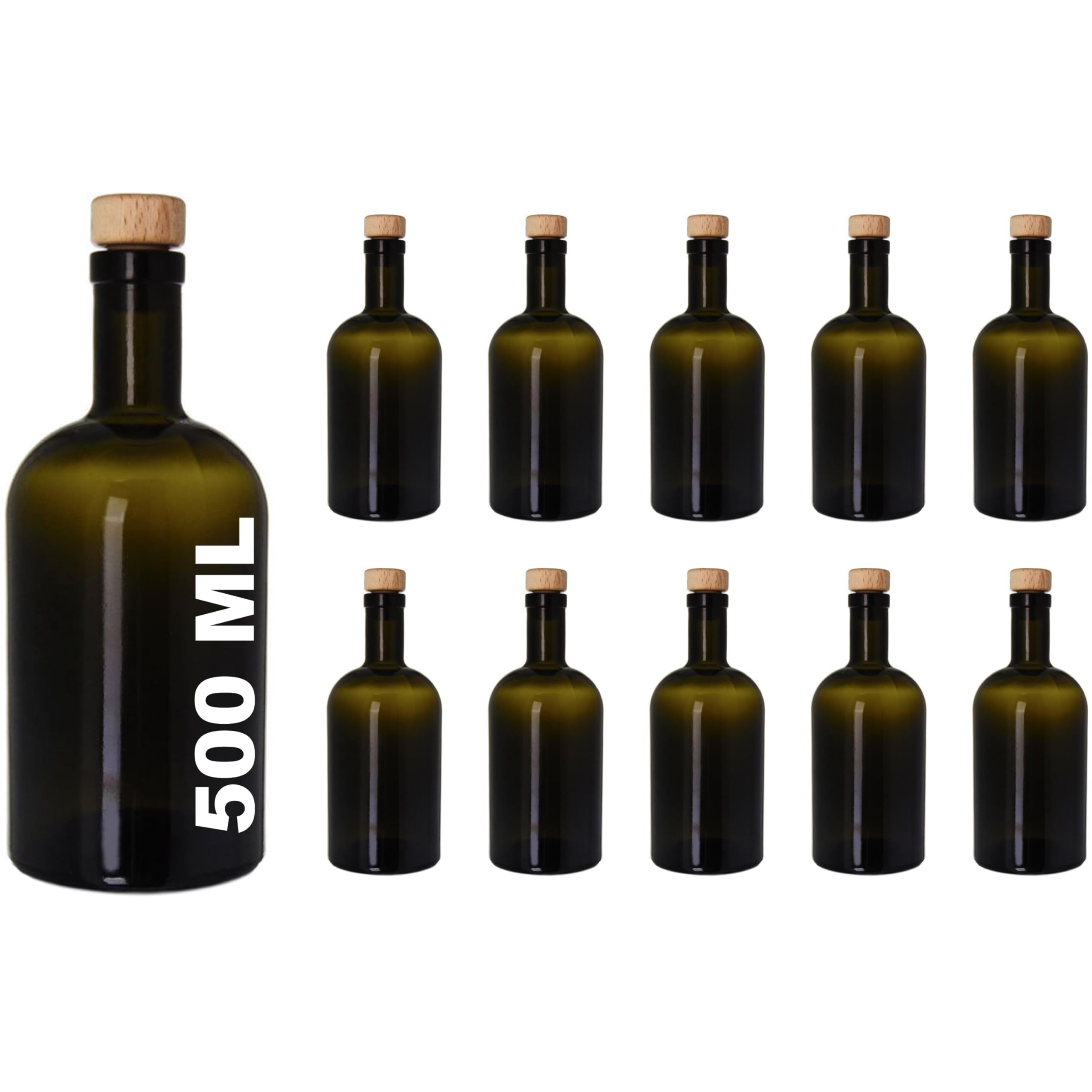 Bottigliette Vetro con Tappo Sughero - 500 ml - Bottiglia Vuota in Vetro per Vino, Liquore, Acqua, Succo di Frutta, Conserve, Latte, Olio, Birra, Vino, Estratti, Amari (10 x 500 ml)