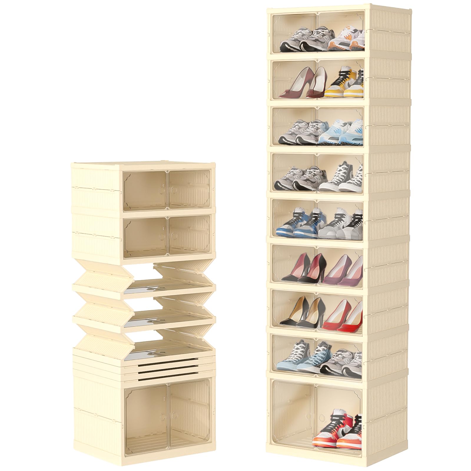 Shoe Organizer Storage Box,No-Assembly 9 Tiers Foldable Shoe Rack with Clear Door, Large Sneaker Cabinet Bins for Living Room, Cloakroom, Entryway