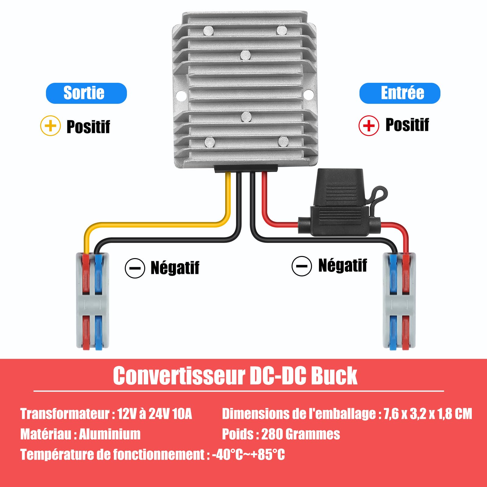 Booster de Tension Convertisseur DC-DC 12V vers 24V 10A 240W Camping Car | Haute Puissance Étanche IP67 Anti-Choc avec Protection Intelligente, Pour Voiture Camion Bateau RV