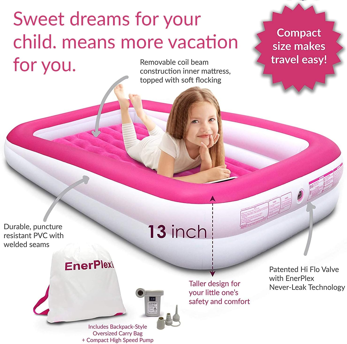 Amazon Com Enerplex Inflatable Toddler Travel Bed Portable Kids Air Mattress For Travel Camping Or Hotels W Built In Safety Bumpers High Speed Pump Puncture Resistant Compact Size Pink