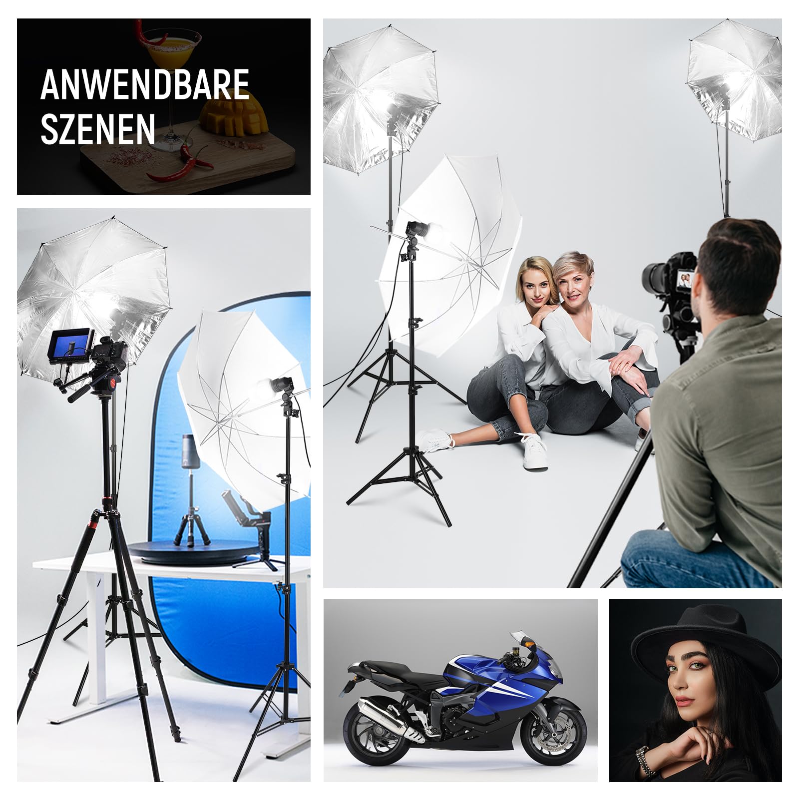 NEEWER 600W Fotografie Beleuchtungsset, Glühlampen Äquivalent Studioset mit (2) Weißem Schirm, (2) Schwarzem Schirm, (3) 24W LED Birne (3) Lichtstativ (2) Tasche (5) Kabelbinder (3) E27 Sockel, NK500