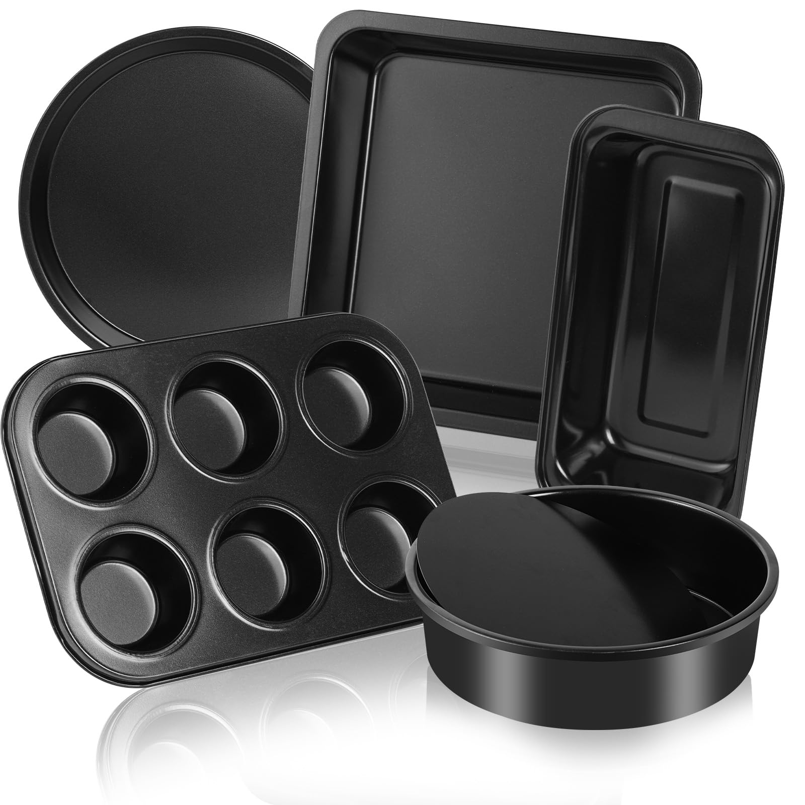 5-teiliges Antihaft-Backformen-Set – schwerer Karbonstahl, schwarz – inklusive Kuchen, Toast, Pizza, quadratisch und Muffinformen – ofen- und spülmaschinenfest