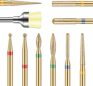 Cuticle Diamond Nail Drill Bits: 10pcs 3/32" Nail Bits Kit for Nail Drill E-File for Acrylic Gel Manicure Pedicure - Salon & Home Nail Care Tools Gold