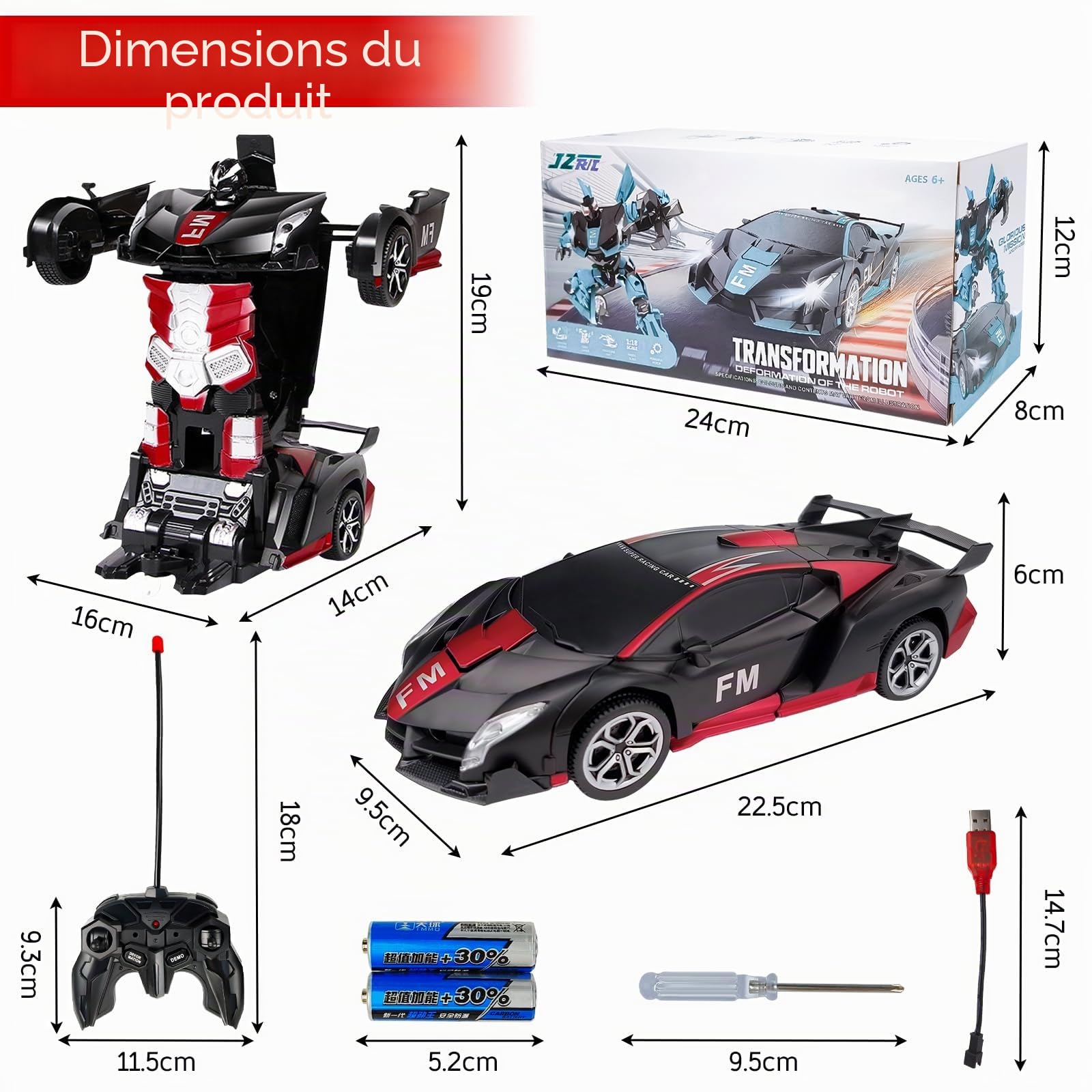 Voiture télécommandé Robot, 2 en 1 Robot Jouets Transformable, RC 2.4GHz Radiocommandée, Transformers Jouets, 360° Rotation Rechargeable, Voiture Enfant, Cadeau Enfant 3-12 Ans.