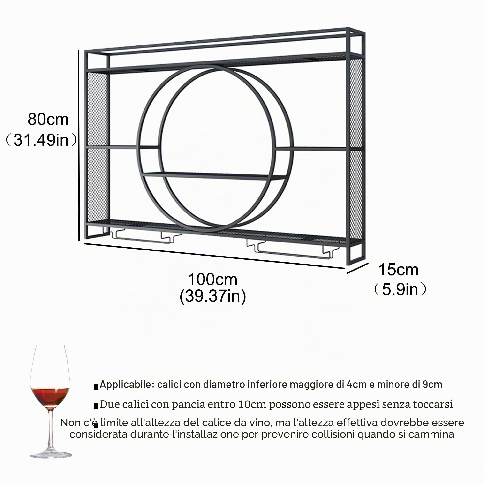 Portabottiglie Porta Bottiglie di Vino da Parete Cantinetta Vino con Porta Calici Porta Vini con Luce a Led Angolo Bar Mobile Bar per Casa Cucina Sala da Pranzo Bar(Black,100cm/39.37in)