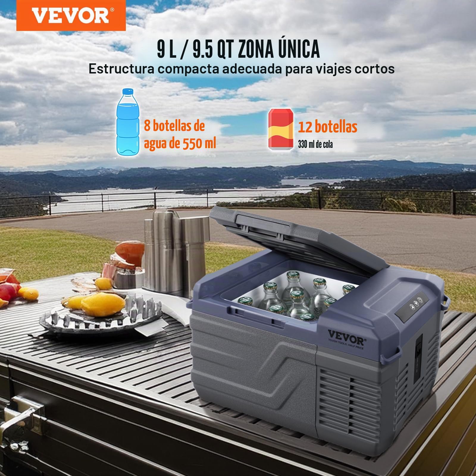 VEVOR Nevera de Compresión Portátil 9 L Mini Nevera para Coche 12/24V DC y 100-240V AC Caja Enfriadora de Zona Única Temperatura Ajustable de -20°C a 20°C para Camión Barco Casa Camping