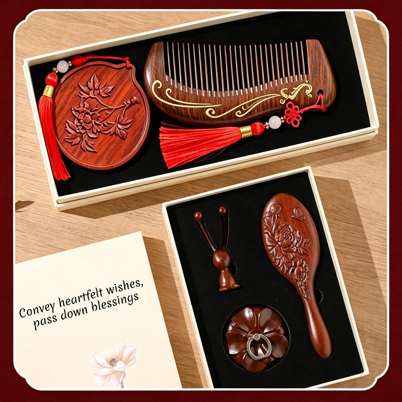 Set regalo con pettine in legno di sandalo, spazzola antistatica in legno e