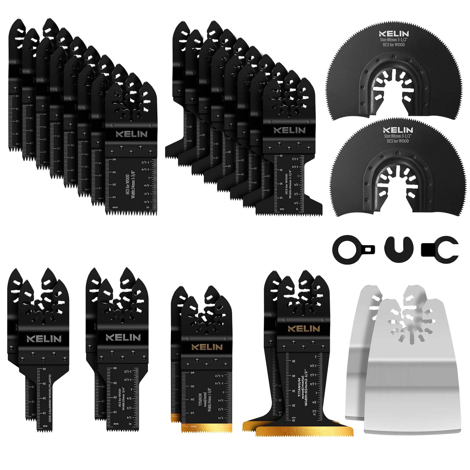 KELIN 28-teiliges Oszillier-Sägeblätter Set mit Titan-Beschichtung – Für Holz, Metall & Renovierung – Inkl. Stichsägeblätter (10/20mm), Kurvenschnitt & Schaber – OIS Kompatibel (Nicht Starlock)