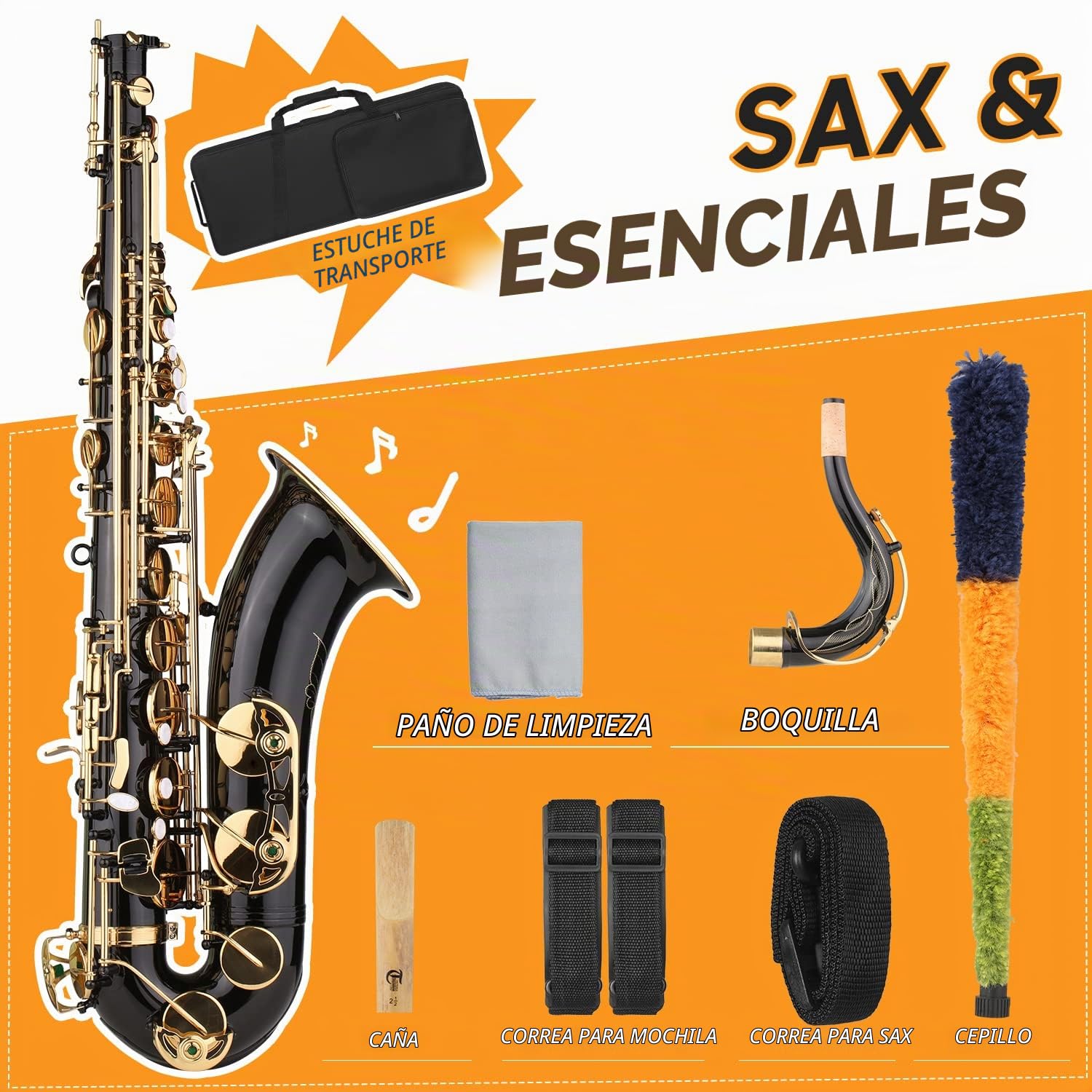 Saxofón Tenor en si Bemol Saxofón Lacado en Negro en si Bemol con Estuche para Instrumentos Boquilla Correa para el Cuello Paño de Limpieza Cepillo para músicos Principiantes