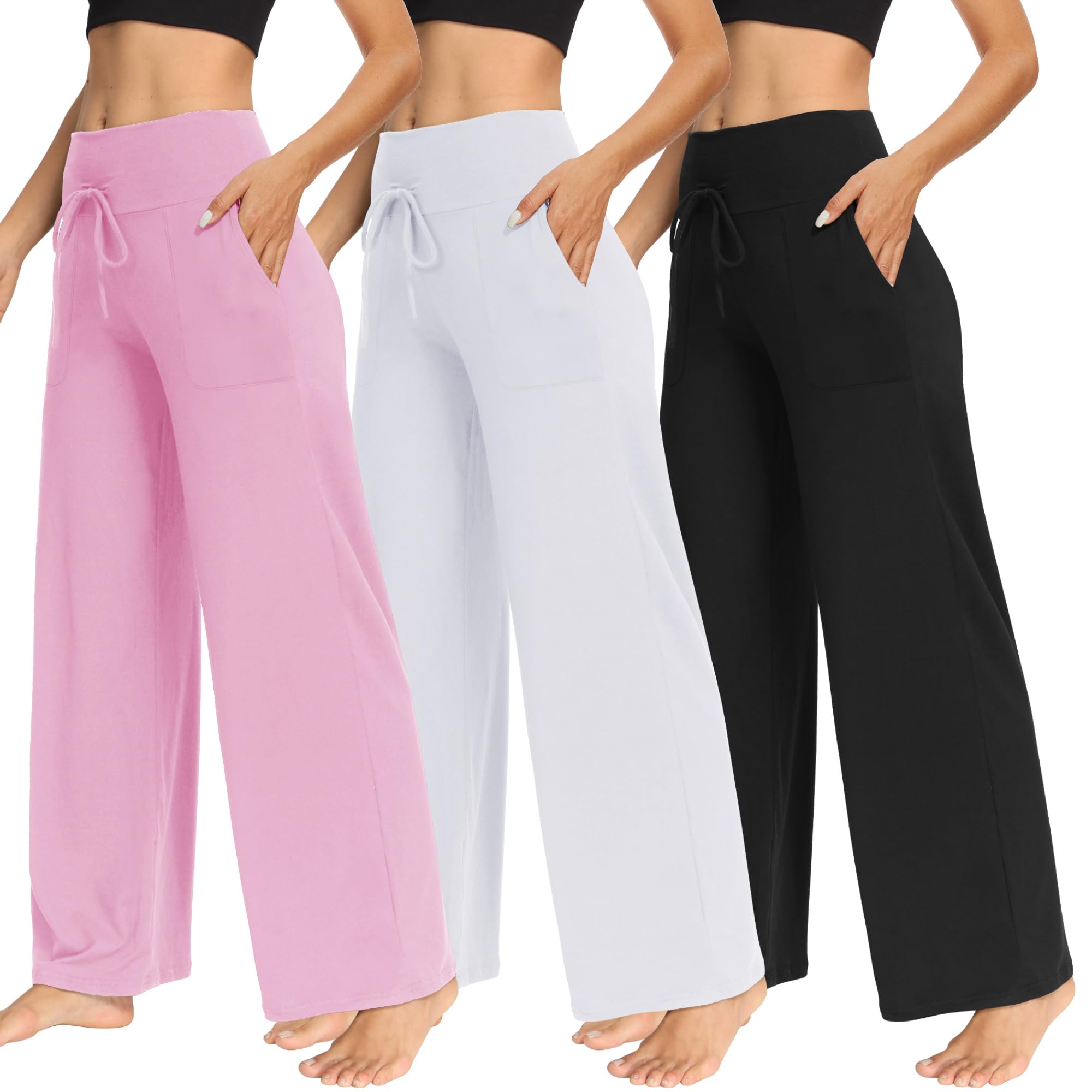 TNNZEET 3 Pack Women's Wide Leg Pants with Pockets - Casual Loose Yoga Trouser Pants Sweatpants Palazzo Lounge Pajama Pants