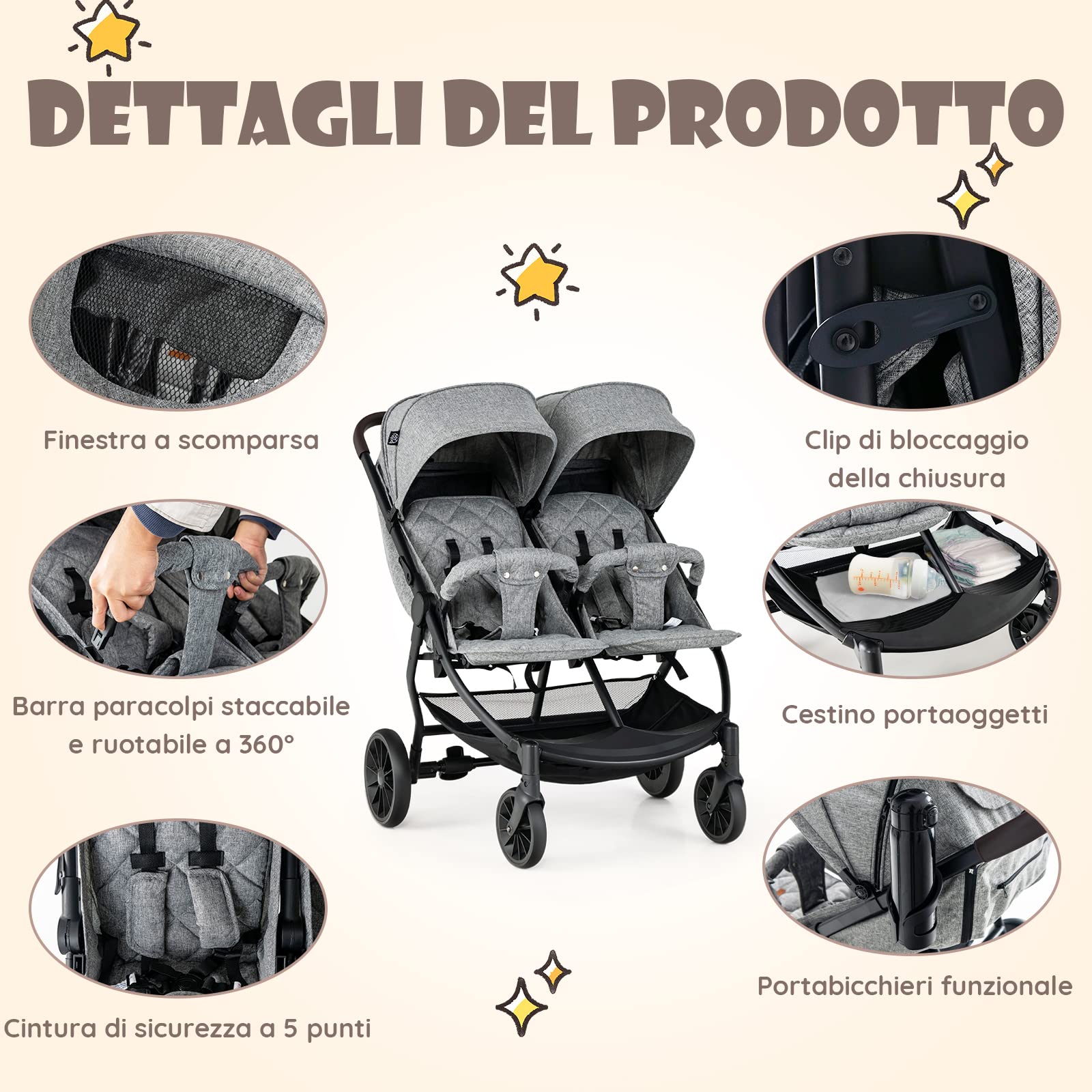 COSTWAY Passeggino Gemellare per Bambini, Passeggino Doppio Portatile Pieghevole con Schienale Regolabile, Tettuccio a 5 Livelli, Cintura a 5 Punti, Ruote 360°, Portata 15+15 kg (Grigio Chiaro)