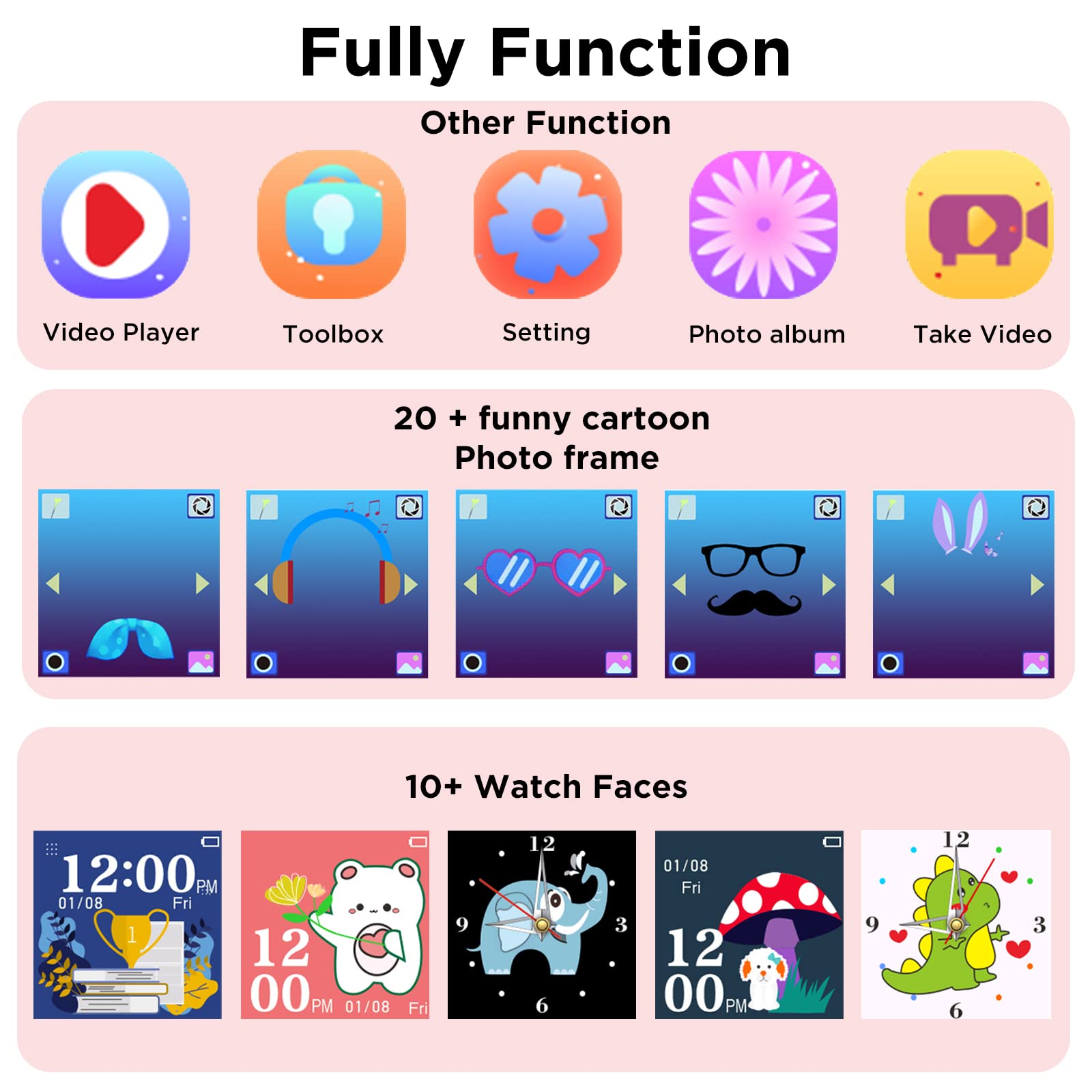 Smartwatch Bambini, 24 Giochi, Contapassi Calorico, Lettore Musicale, Orologio Smartwatch Bambini con 2 Fotocameras,Torcia Sveglia, 2-13 anni Bambino Festiva Regalo[Scheda SD integrata]