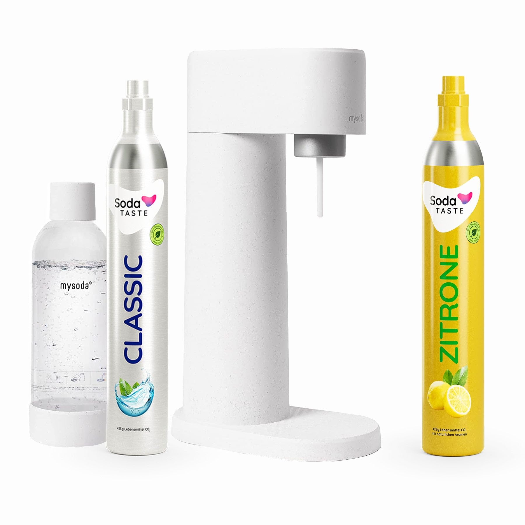 SodaTASTE Sparpaket: Mysoda Woody - Wassersprudler aus erneuerbarem Holzkomposit mit 1L BPA-freier Plastikflasche, CO2-Zylinder Classic + CO2-Zylinder Zitrone (Weiß)