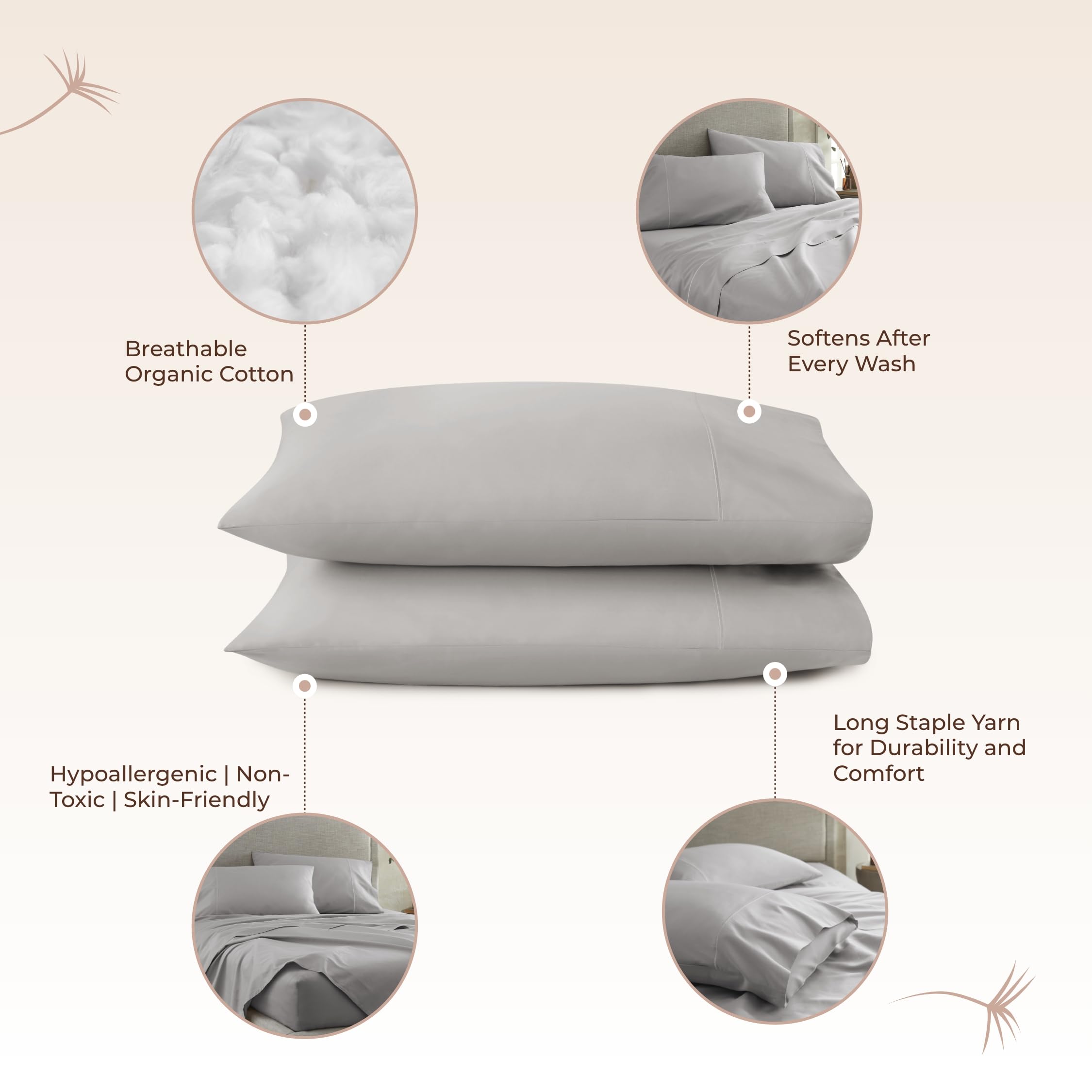 Whisper Organics Juego de fundas de almohada 100 % algodón orgánico, 500 hilos, certificado GOTS (estándar, gris)