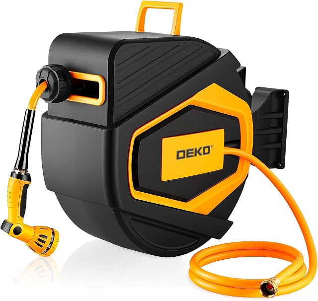 Retractable Hose Reel:100 ft x 1/2 inch, Garden Hose Reel with 9-Pattern Nozzle, 180°Swivel Bracket Wall-Mounted, Automatic Rewind, Lock at Any Length, with Slow Return System