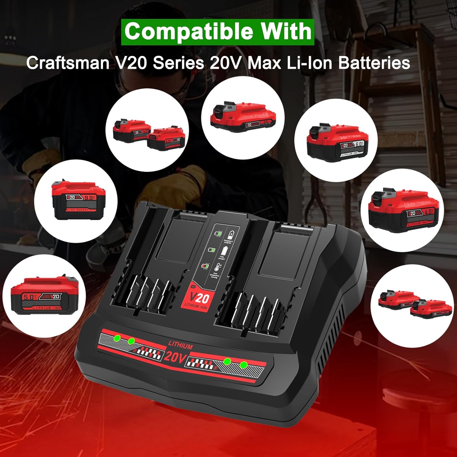 CMCB124 Dual Port 20V Charger Replacement for Craftsman 20V Battery Charger Compatible with Craftsman V20 Lithium Ion Battery CMCB201 CMCB202 CMCB203 CMCB204 CMCB205 CMCB206