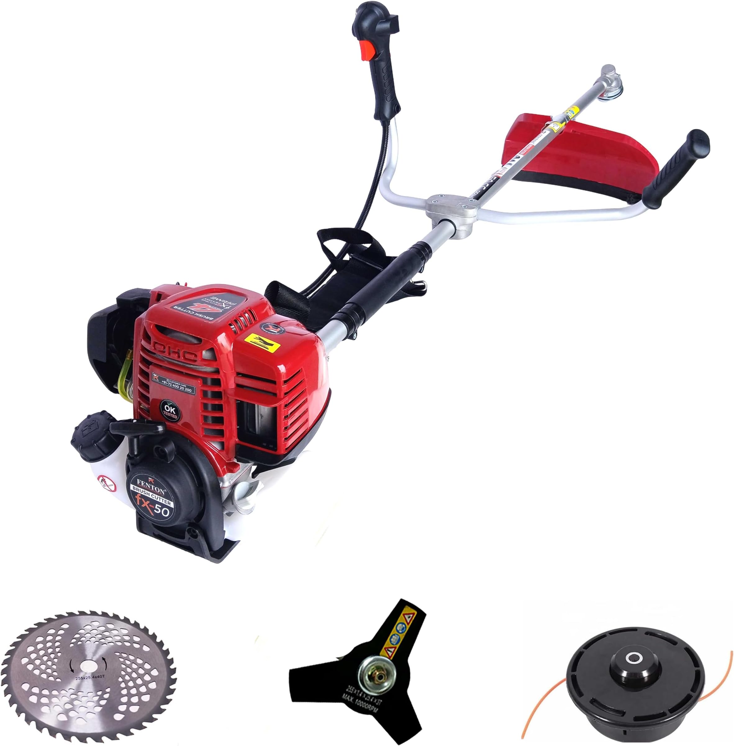 FX-50 Brush Cutter 50cc 4-Stroke Heavy Duty Sidepack Machine | 80T, 3T Blade + Tap & Go Trimmer | Petrol Grass Crop Cutter Paddy Wheat for Agriculture Farming Garden Lawn Weeding