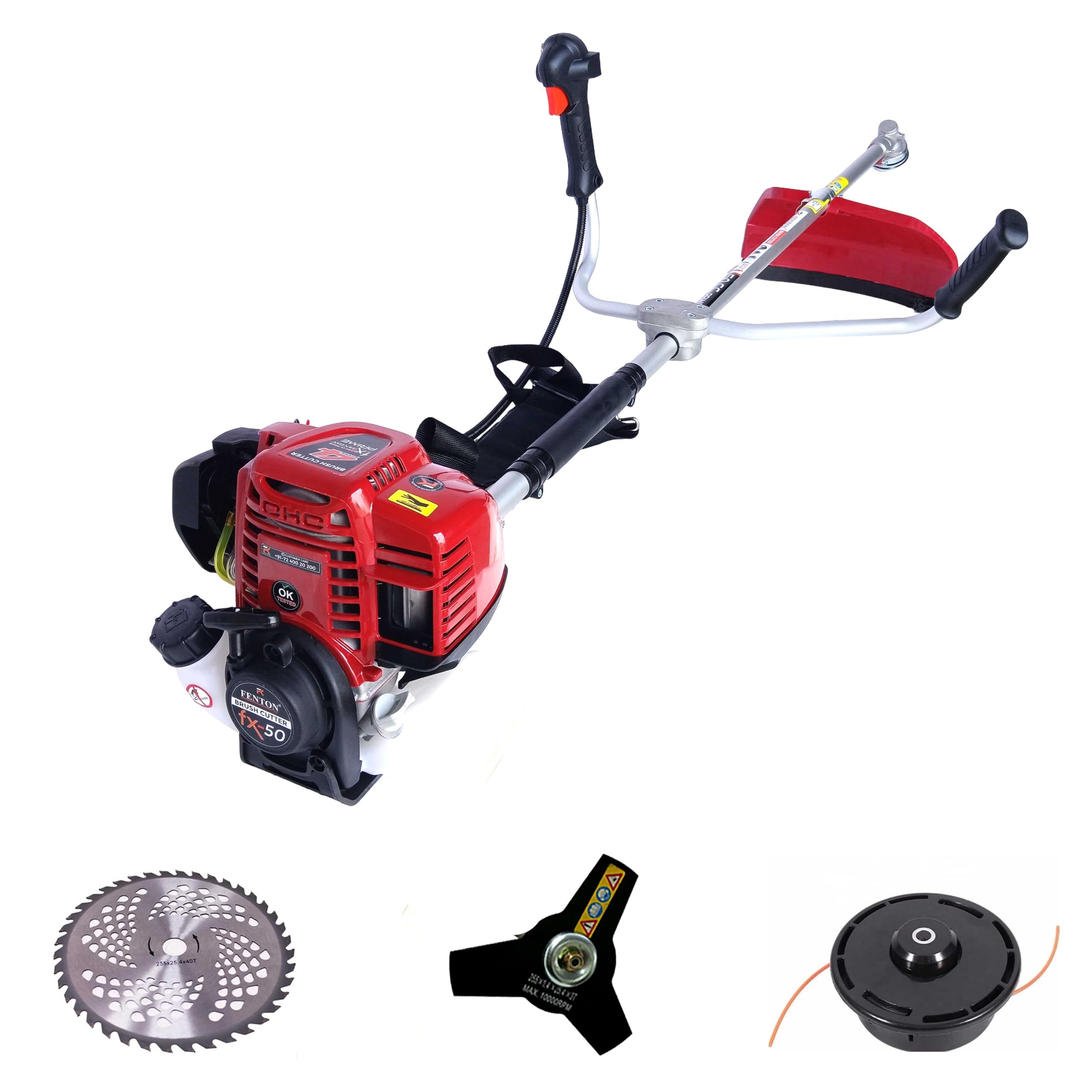 FX-50 Brush Cutter 50cc 4-Stroke Heavy Duty Sidepack Machine | 80T, 3T Blade + Tap & Go Trimmer | Petrol Grass Crop Cutter Paddy Wheat for Agriculture Farming Garden Lawn Weeding
