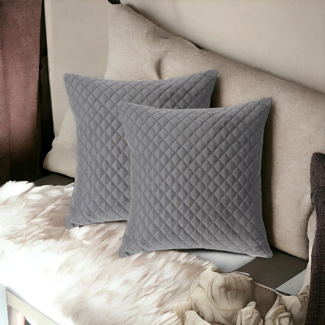 CASA-NEST Premium Soft Quilted Velvet Print Cushion Cover,Pack of 2 Pc,Bed Cushion/Decorative Sofa Cushion Cover (Size:16x16Inch) (Grey)-image-11