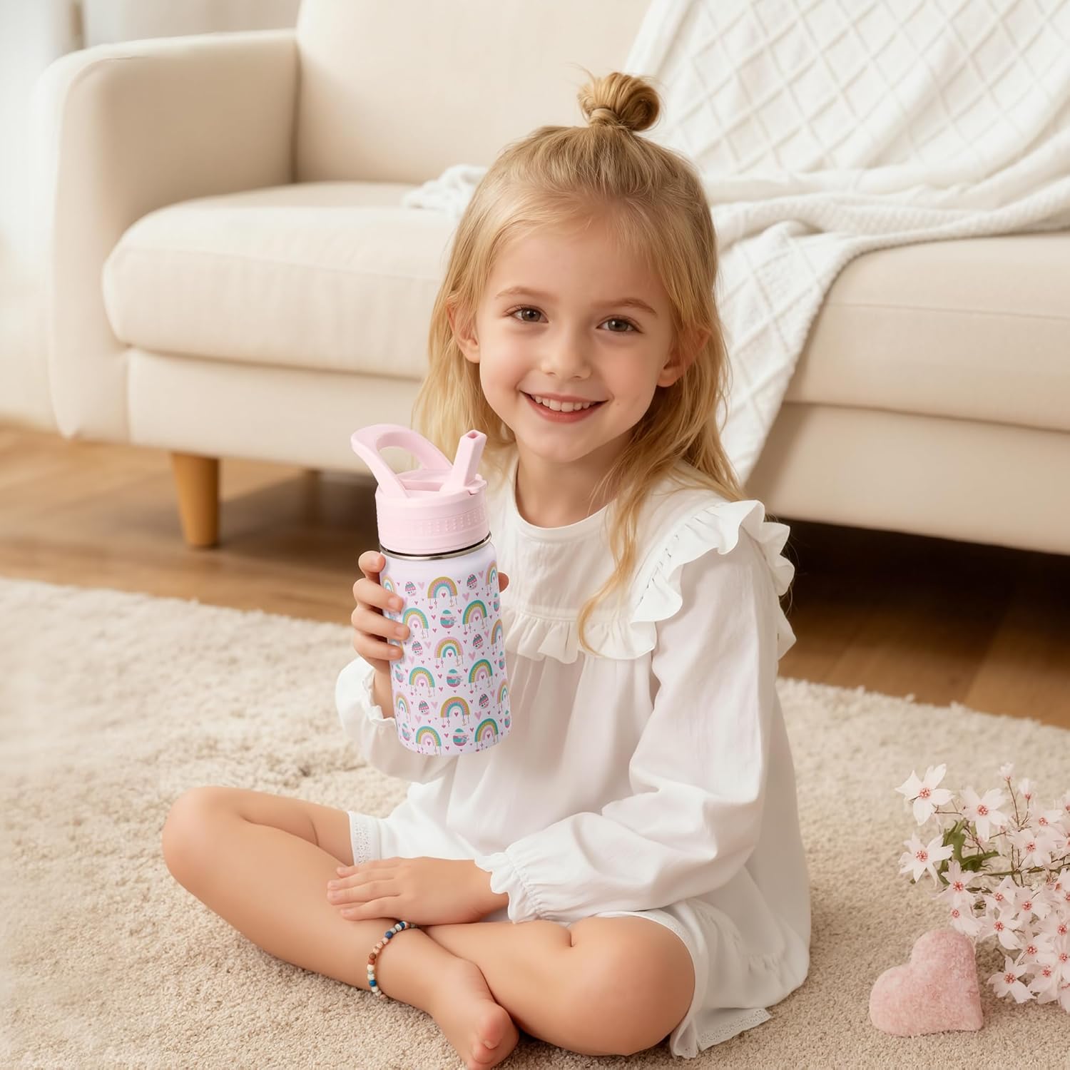 14 Oz Kids Water Bottle, Stainless Steel Water Bottle with Straws, Leak-Proof, BPA-Free, Insulated Water Bottles for School Boys & Girls|White Rainbow - Image 2