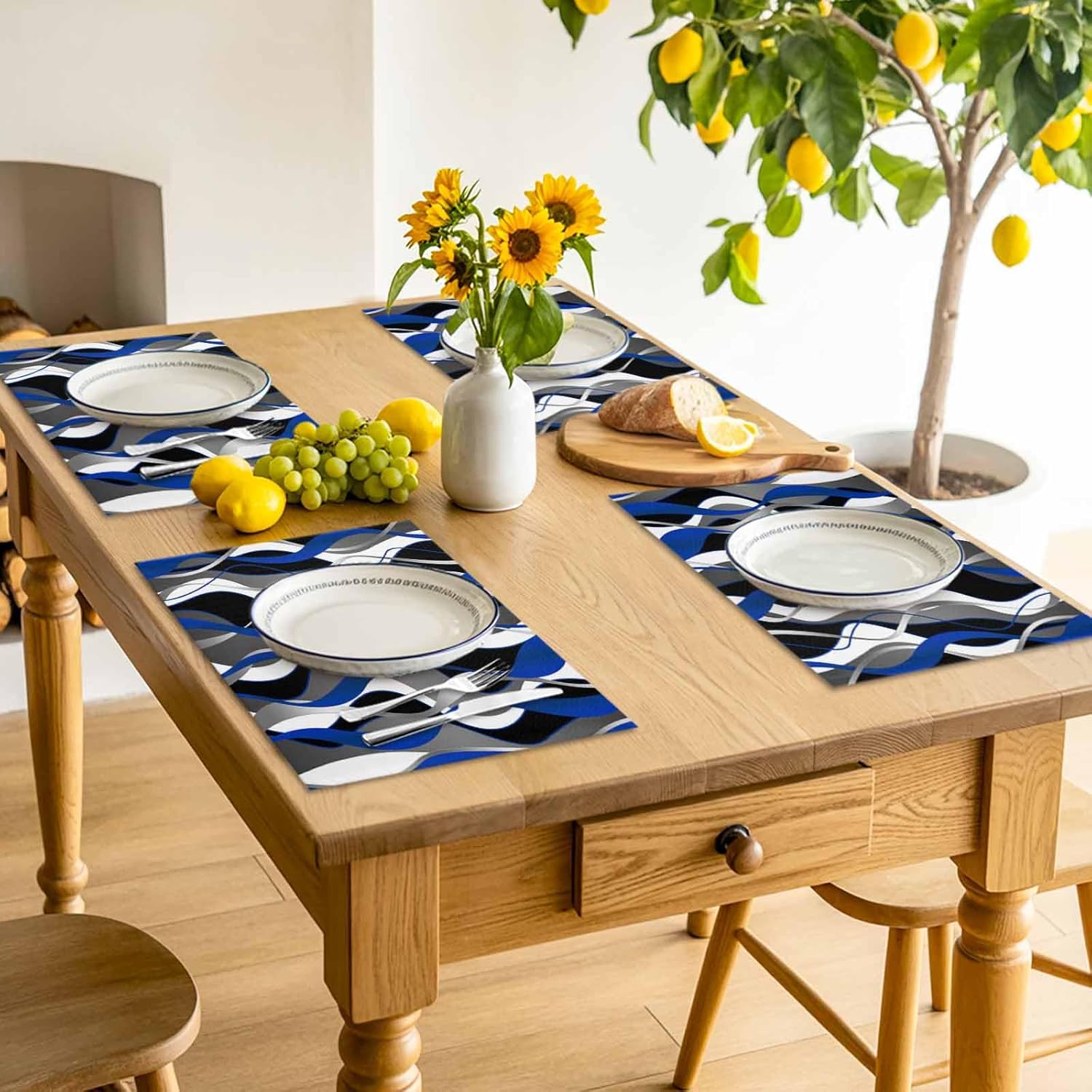 Geometric Blue Placemats Set of 6 - Washable Woven Burlap Cloth Fabric Placemat for Square/Rectangle/Round/Oval Dining Table,Modern Abstarct Grey Black White Stripes Easy Clean Place Mats for Kids