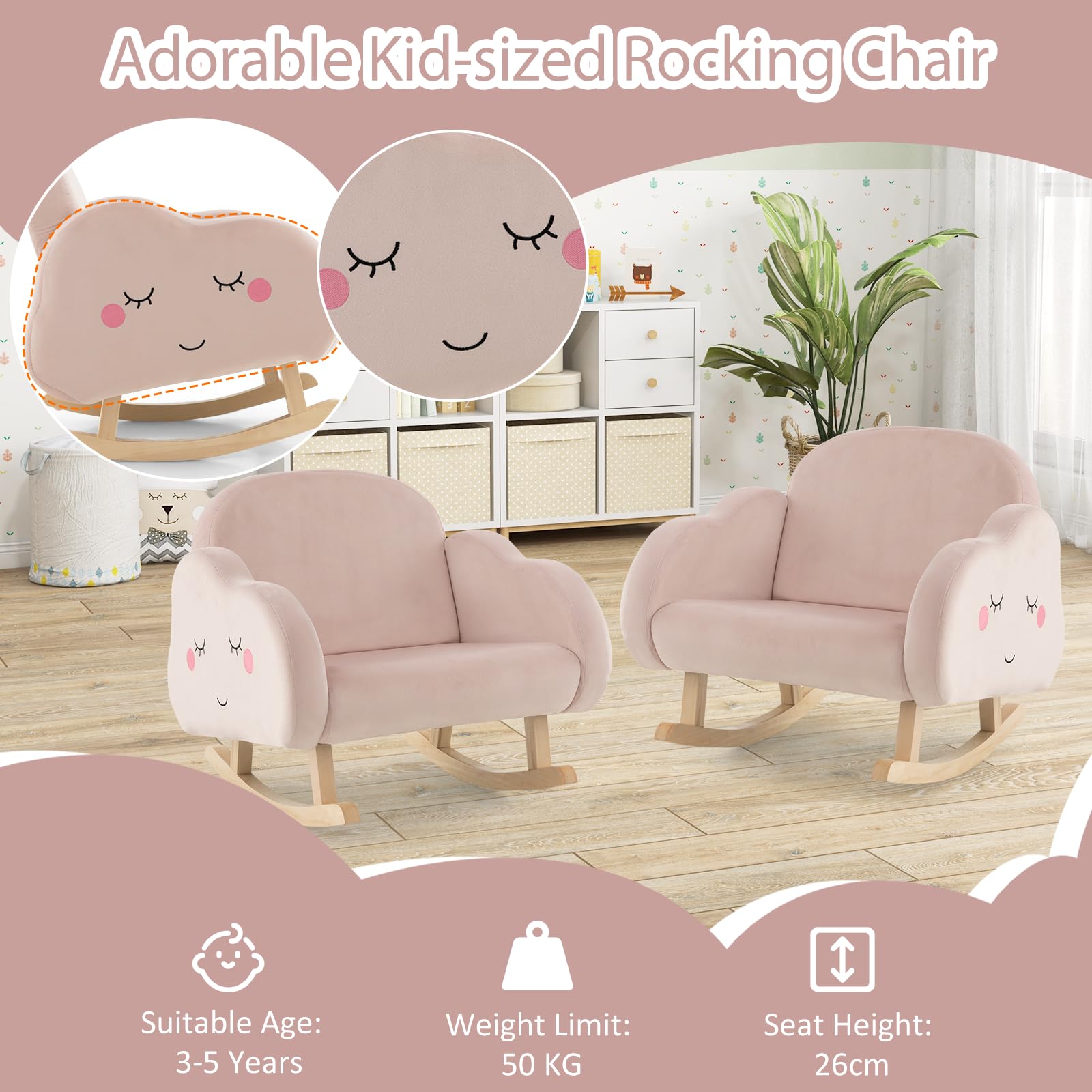 GOPLUS Fauteuil à Bascule Enfant, Fauteuil Rembourré en Éponge avec Pieds en Bois Massif & Patins Antidérapants, Chaise à Bascule en Velours avec Accoudoirs, Cadeau pour Enfants 3-5 Ans, Rose