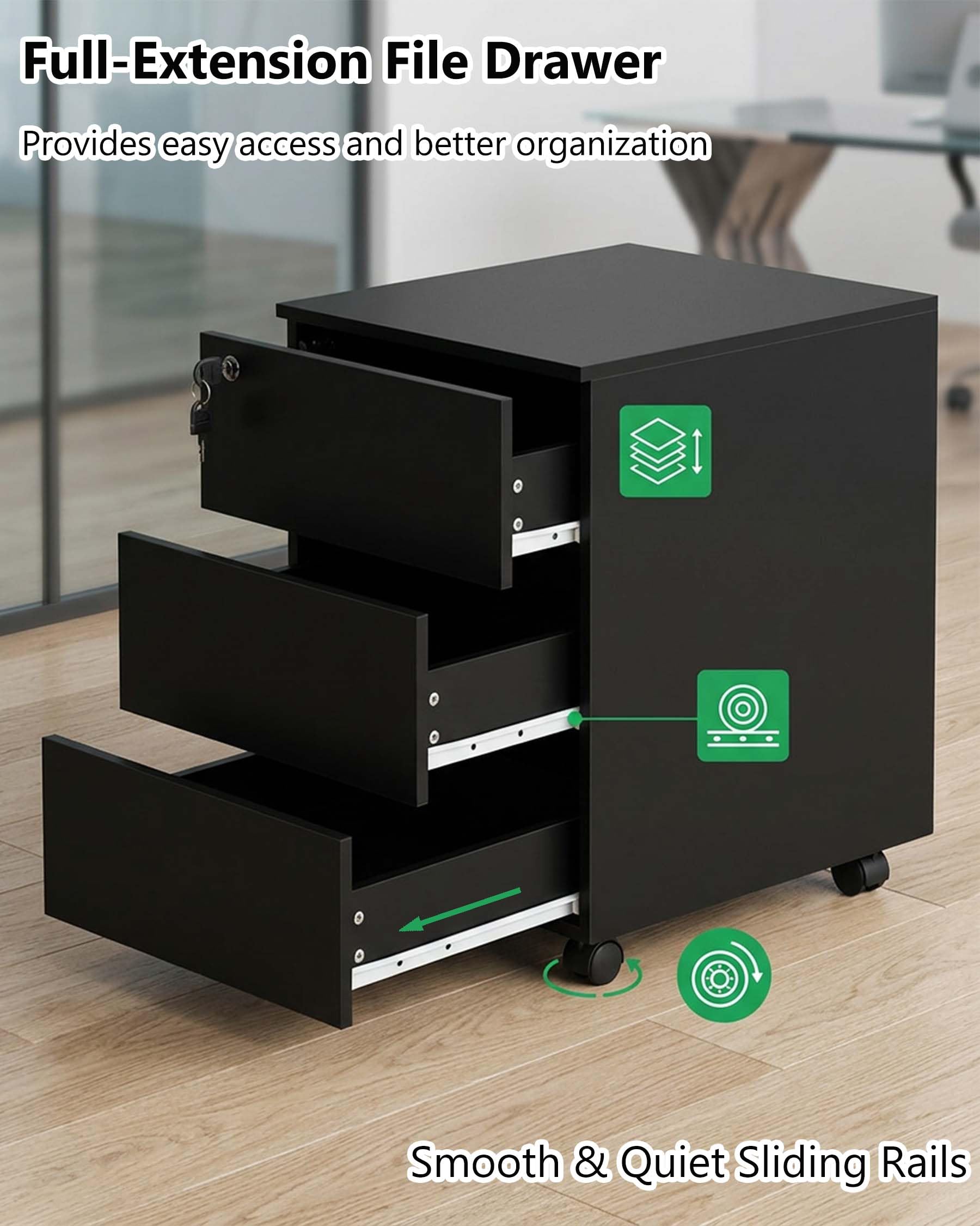 Cassettiera Scrivania Ufficio con Ruote e Chiave, Cassettiera Nera 3 Cassetti, Schedario da Ufficio, Mobile Ufficio sotto Scrivania, Mobiletto con Chiave, 39 x 45 x 54 cm