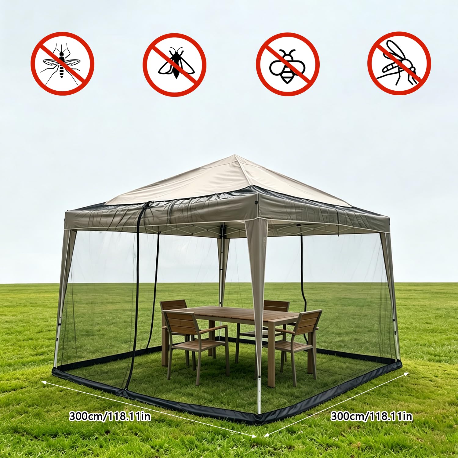 Moustiquaire de tonnelle - 3 x 3 m - Réglable - Avec 2 fermetures éclair et pied à remplir d'eau - Pour jardin, terrasse, camping, plage