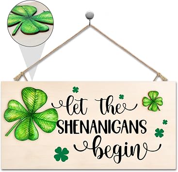 St Patricks Day Decorations Wood Sign Let the Shenanigans Begin | Hanging Wooden Decor with Two 3D Leaves Lucky Shamrock Signs for Outdoor Door Rustic Farmhouse Party Indoor Wall Art Plaque